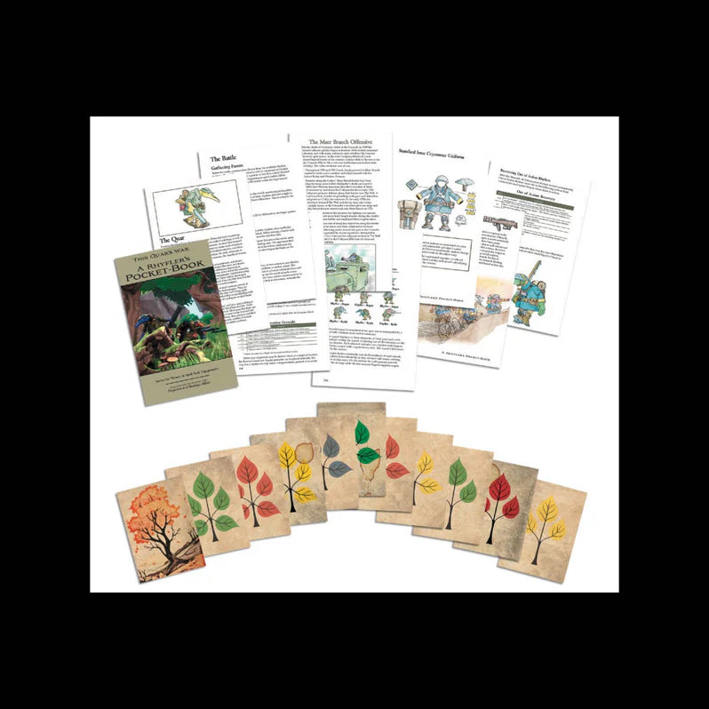 Educational materials with leaf cards and printed pages on a white background