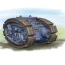 Illustration of a tank-like vehicle with a blue and brown color scheme on a gradient background.