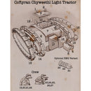 Technical drawing of a Coftyran Chyweethl Light Tractor with labeled parts on a beige background.
