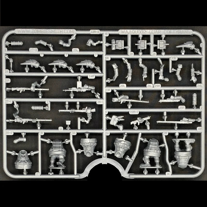 Plastic model kit parts on a black background