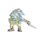 Illustration of a character in a green outfit with a weapon on a white background