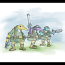 Cartoon characters in military gear with weapons against a light blue sky.