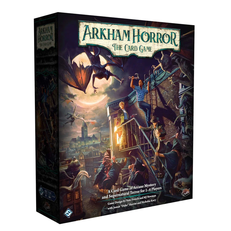 Arkham Horror card game box with dark fantasy artwork on a white background
