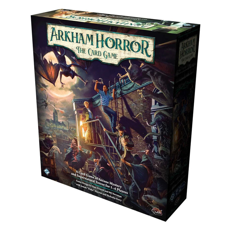Arkham Horror The Card Game box with characters on a rooftop at night.