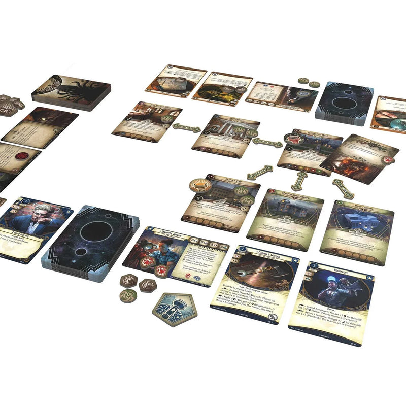 Collection of fantasy-themed cards and game pieces on a white background