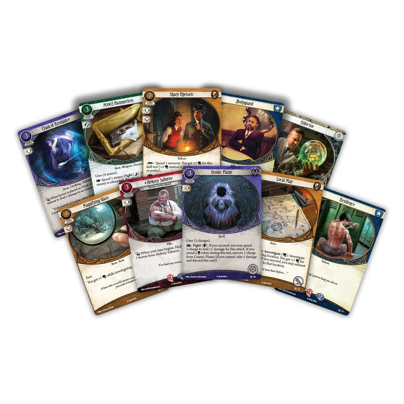 Collection of trading cards with various characters and scenes on a white background