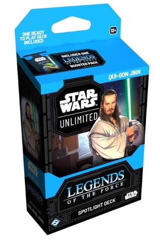 Star Wars Unlimited Legends of the Force Spotlight Deck packaging with Qui-Gon Jinn on a white background
