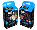 Two 'Star Wars: Unlimited' trading card game packages featuring Qui-Gon Jinn and Darth Maul on a white background.