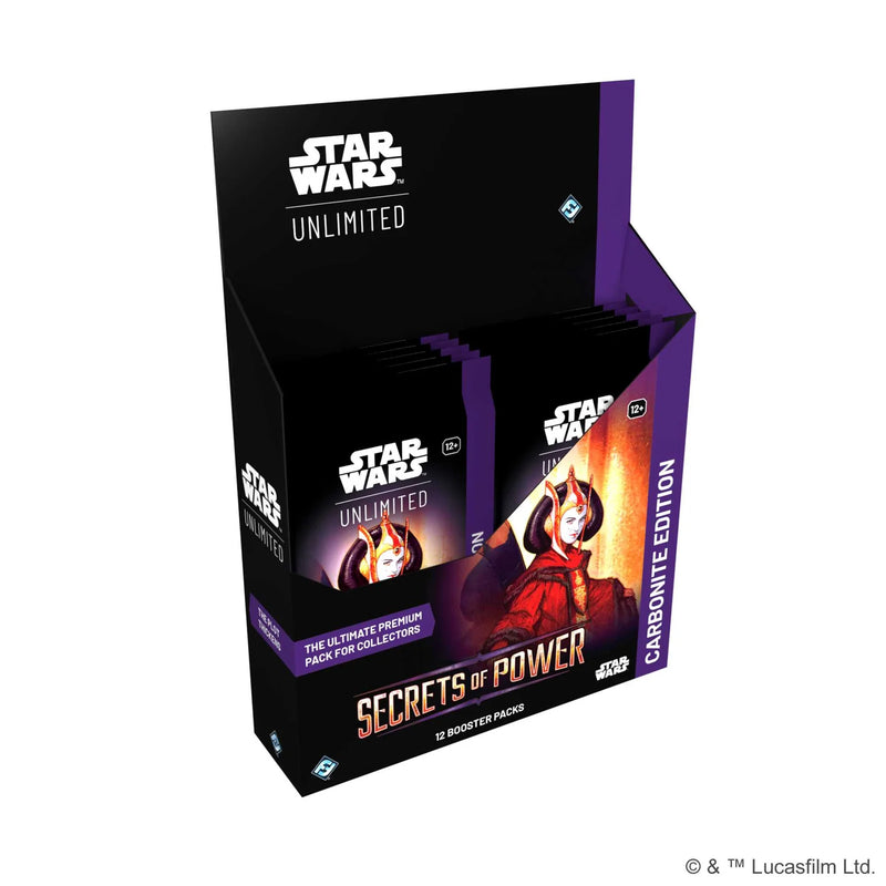 Star Wars Unlimited card game packaging with 'Secrets of Power' edition on a white background