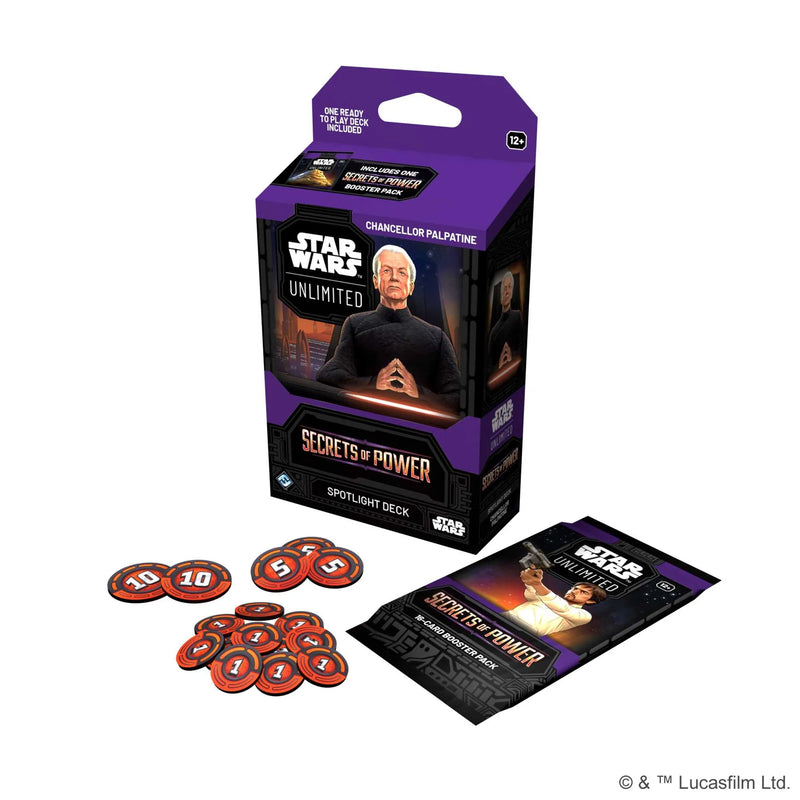 Detailed packaging of extra contents for the Star Wars Unlimited Secrets of Power Spotlight deck Chancellor Palpatine.