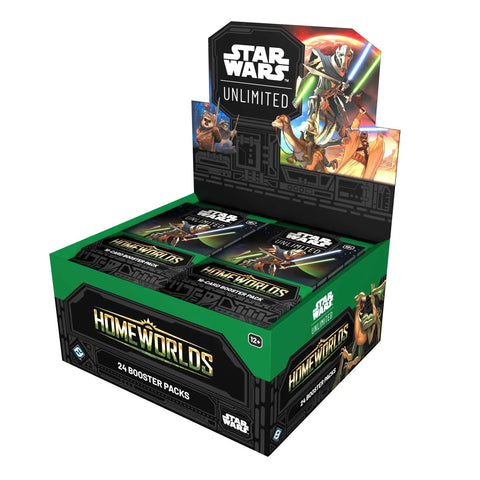 Star Wars Unlimited Homeworlds Booster Box containing 24 booster packs, featuring official set artwork.