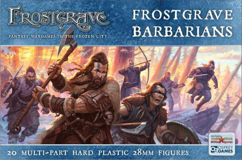 Frostgrave Barbarians box set packaging with warrior figures on a blue background