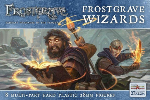 Frostgrave Wizards box set with two wizards holding books and torches against a snowy background.