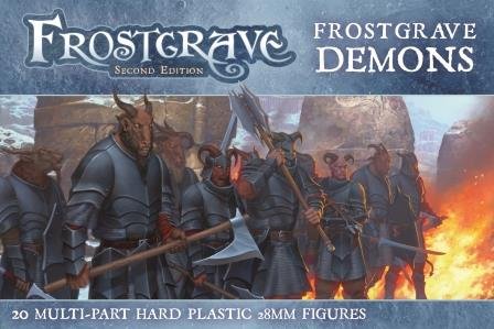 Frostgrave Demons game box with warrior figures and fiery background