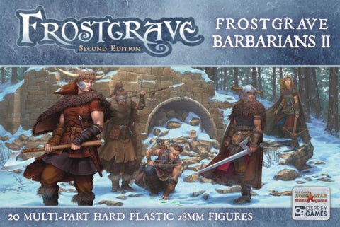 Frostgrave Barbarians II packaging with characters in a snowy landscape