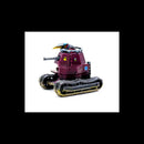 Model tank with a red body and black tracks on a white background