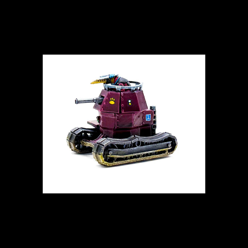 Model tank with a red body and black tracks on a white background