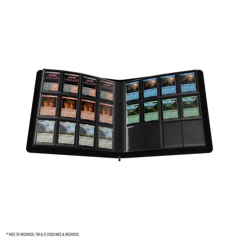 An open black Magic: The Gathering trading card binder displaying multiple card sleeves filled with cards, shown on a plain white background.