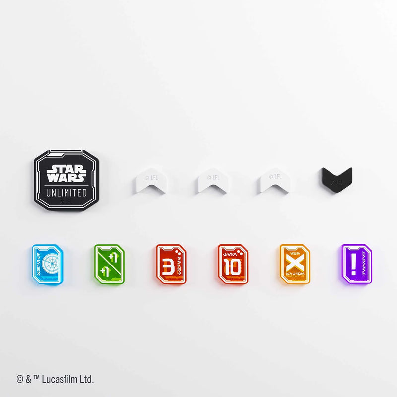Star Wars Unlimited collectible card accessories displayed on a clean white background, including a black shield-shaped card, four white chevron pieces, one black chevron piece, and six colorful card icons in blue, green, red, orange, yellow, and purple.