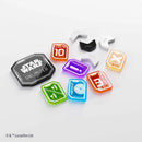 Colorful 'Star Wars' themed gaming pieces on a white background