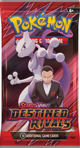 Pokémon trading card game pack featuring Mewtwo and a character, with 'Destined Rivals' text on a red background.