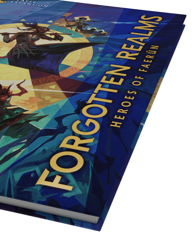 Book titled 'Forgotten Realms: Heroes of Faerun' with colorful cover design on a white background