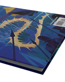 Book with a blue and gold cover design on a white background