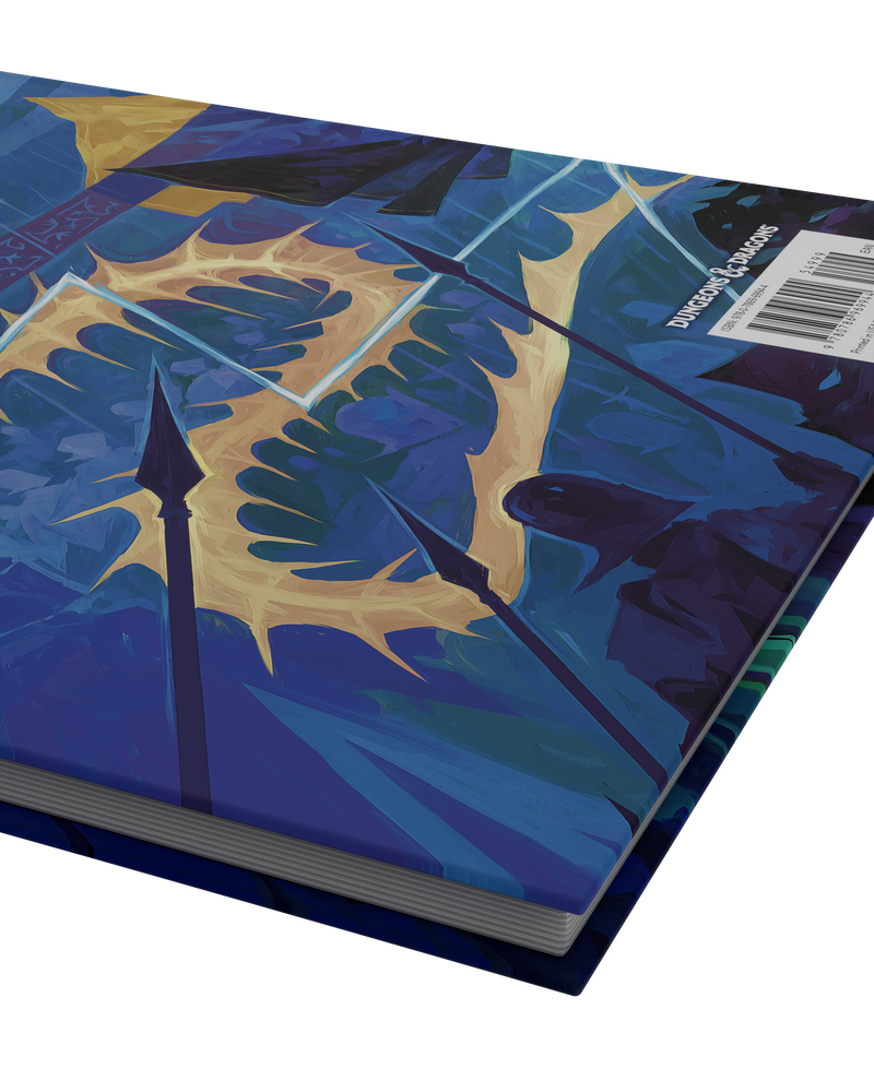 Book with a blue and gold cover design on a white background