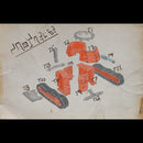 Hand-drawn technical diagram of mechanical parts on a textured paper background