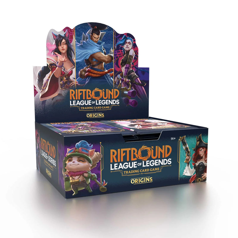 Riftbound League of Legends trading card game box with character illustrations on a white background
