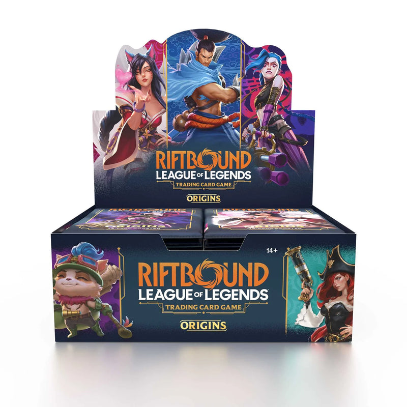 Box of Riftbound League of Legends trading card game with character illustrations on a white background