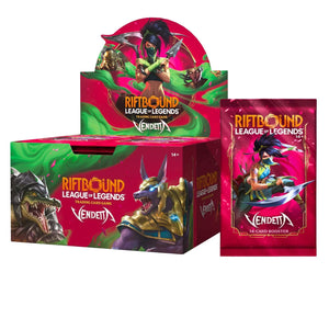 Riftbound League of Legends Vendetta booster box display with a matching single booster pack on a plain white background.