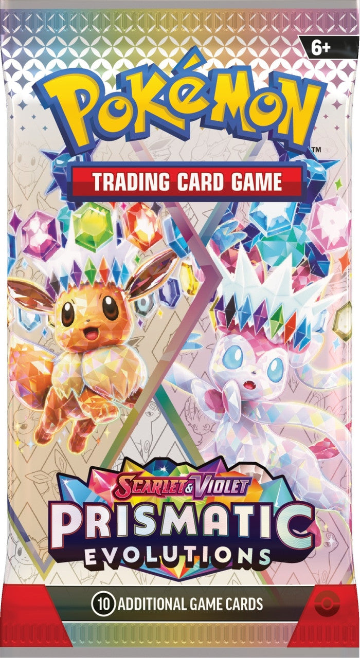 Pokemon Prismatic Evolutions booster pack packaging featuring Eevee and Sylveon