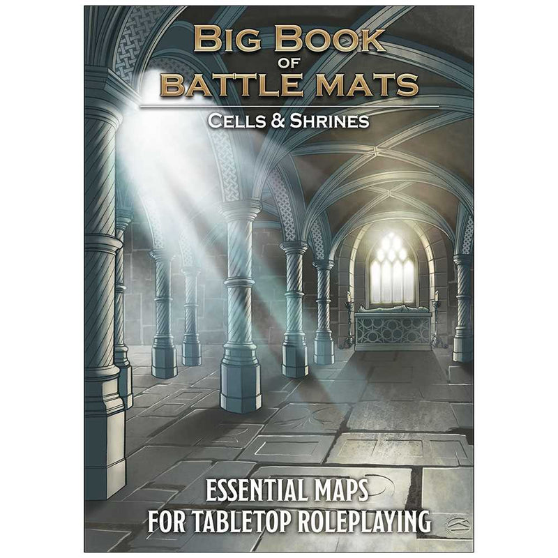 Book cover of 'Big Book of Battle Mats: Cells & Shrines' with a cathedral setting.