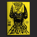 Book cover with a black skull and horns design on a yellow background