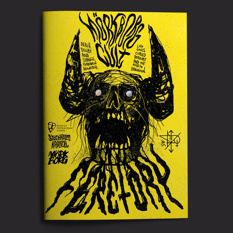Book cover with a black skull and horns design on a yellow background