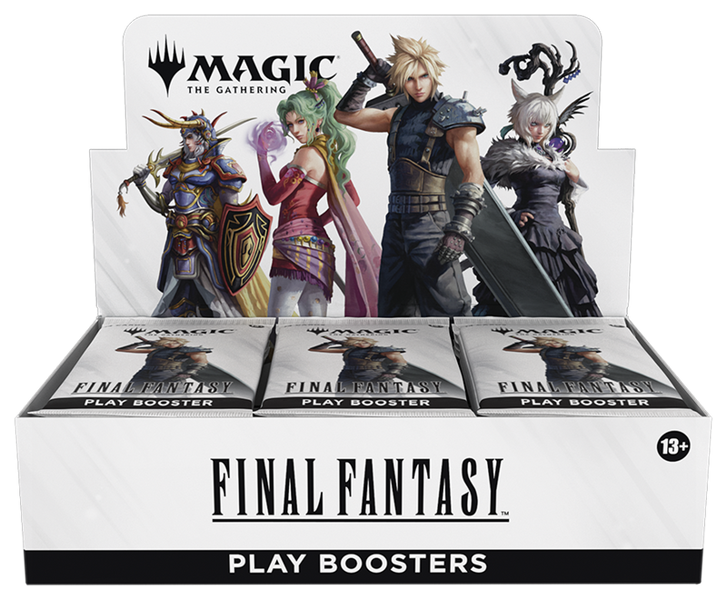 Box of 'Final Fantasy' play boosters featuring characters from 'Magic: The Gathering' on a white background.