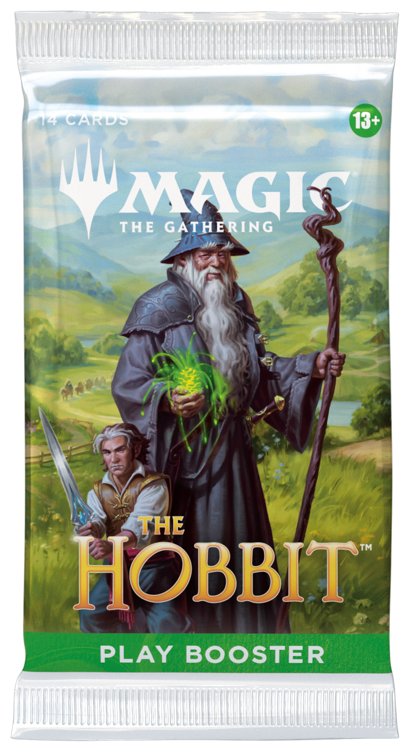 Play booster pack for 'Magic: The Gathering' featuring 'The Hobbit' theme with characters and landscape illustration.