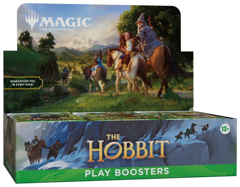 Magic: The Gathering The Hobbit Play Booster Box packaging featuring Middle-earth themed artwork.