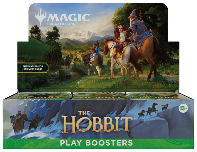 Magic: The Gathering The Hobbit Play Booster Box packaging featuring Middle-earth themed artwork.
