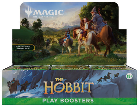 Magic: The Gathering The Hobbit Play Booster Box packaging featuring Middle-earth themed artwork.