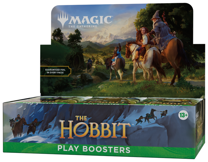 Magic: The Gathering The Hobbit Play Booster Box packaging featuring Middle-earth themed artwork.