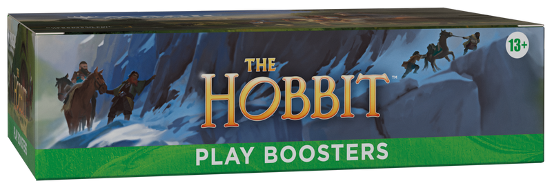 The Hobbit play boosters packaging with characters and mountains on a blue background