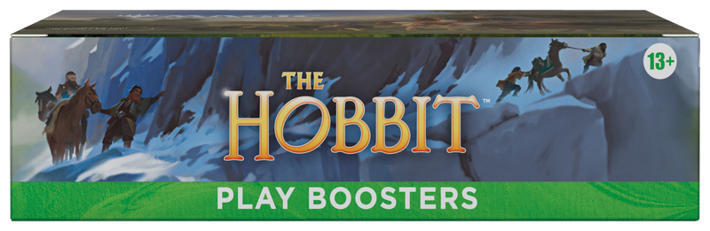 The Hobbit play boosters packaging with characters and mountains on a blue and green background.