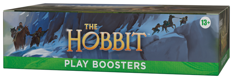 The Hobbit play boosters packaging with characters and mountains on a blue background.