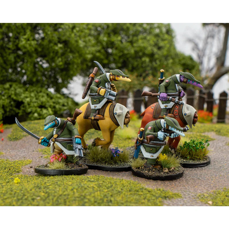 Miniature figures on horseback with armor and weapons in a natural setting