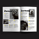 Open book with black and white illustrations and text on a dark background
