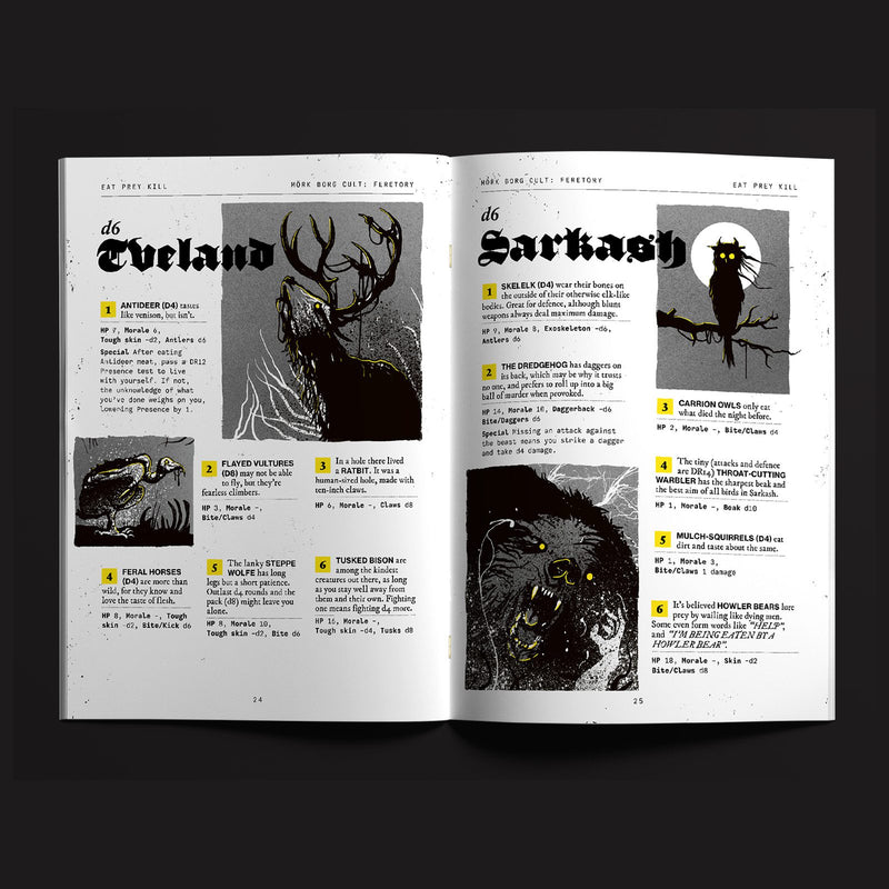 Open book with black and white illustrations and text on a dark background