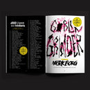 Open book showing a black and white illustration on the left and a colorful design on the right.