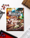 Game book titled 'One Honk Before Midnight' with dice and gaming accessories on a white surface